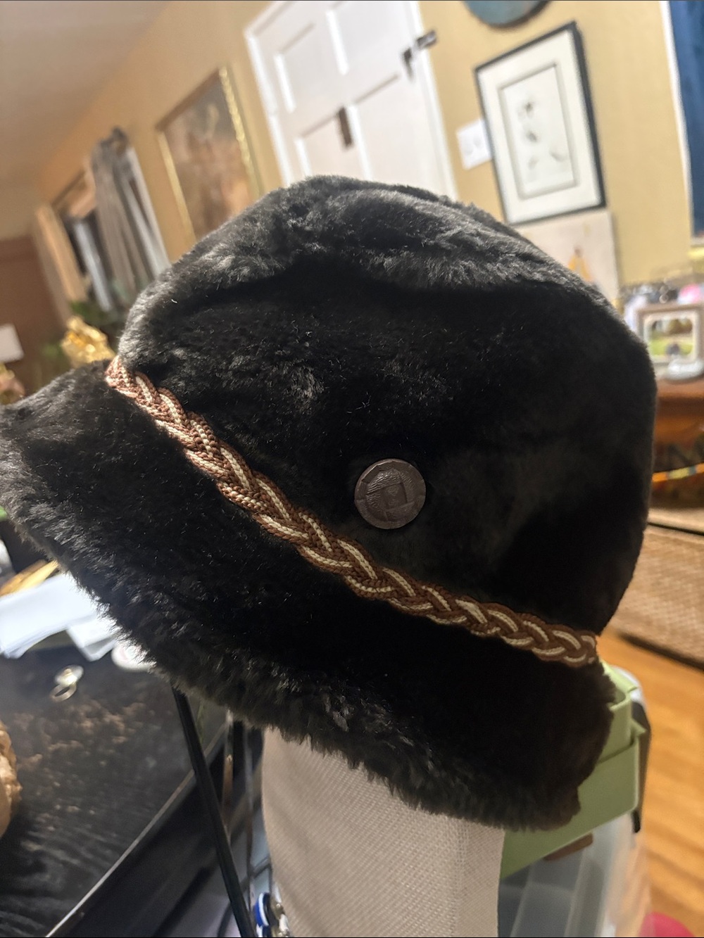 Vintage Faux Fur Cossack Hat Brown Winter Bucket Cap Braided Band XL
